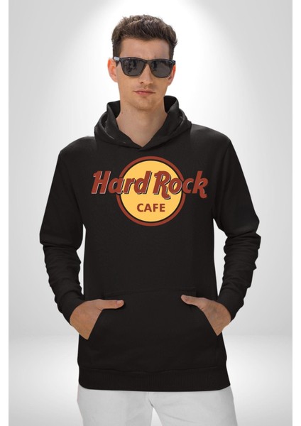 Hard Rock Kafe Logo Kadın Erkek Baskılı Üç Iplik Siyah Kapüşonlu Hodie Sweatshirt