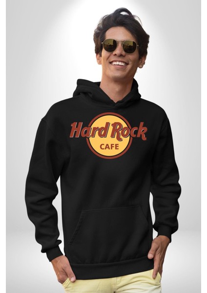 Hard Rock Kafe Logo Kadın Erkek Baskılı Üç Iplik Siyah Kapüşonlu Hodie Sweatshirt