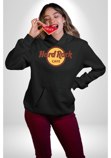 Hard Rock Kafe Logo Kadın Erkek Baskılı Üç Iplik Siyah Kapüşonlu Hodie Sweatshirt