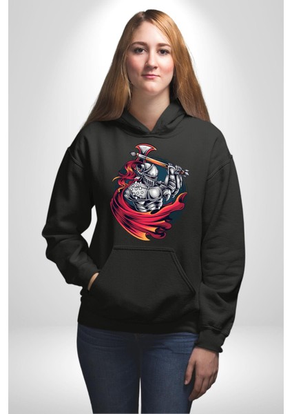 Orta Çağ Baltalı Gladyatör Savaşçı Kadın Erkek Baskılı Üç Iplik Siyah Kapüşonlu Hodie Sweatshirt