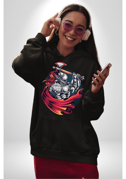 Orta Çağ Baltalı Gladyatör Savaşçı Kadın Erkek Baskılı Üç Iplik Siyah Kapüşonlu Hodie Sweatshirt fiyatları