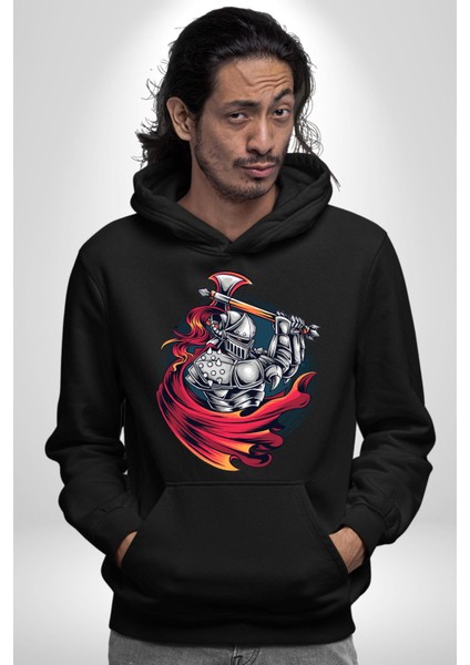 Orta Çağ Baltalı Gladyatör Savaşçı Kadın Erkek Baskılı Üç Iplik Siyah Kapüşonlu Hodie Sweatshirt fırsatları