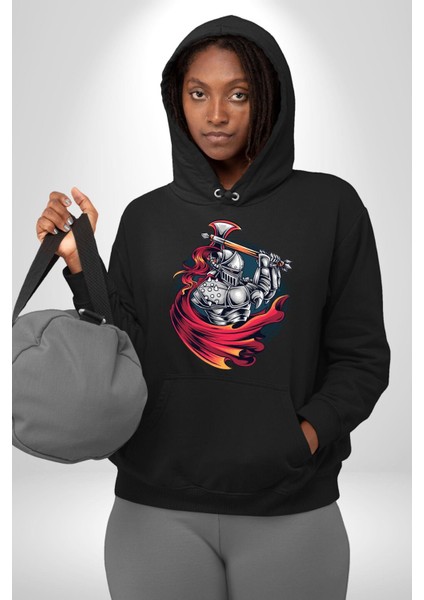 Orta Çağ Baltalı Gladyatör Savaşçı Kadın Erkek Baskılı Üç Iplik Siyah Kapüşonlu Hodie Sweatshirt indirimleri