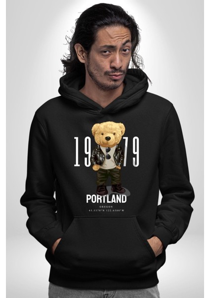 Oregon Portland Oyuncak Ayı Kadın Erkek Baskılı Üç Iplik Siyah Kapüşonlu Hodie Sweatshirt