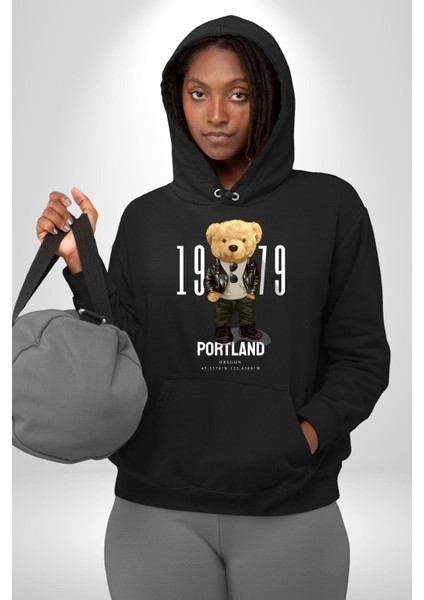 Oregon Portland Oyuncak Ayı Kadın Erkek Baskılı Üç Iplik Siyah Kapüşonlu Hodie Sweatshirt fiyatları