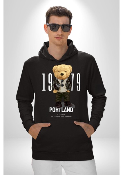 Oregon Portland Oyuncak Ayı Kadın Erkek Baskılı Üç Iplik Siyah Kapüşonlu Hodie Sweatshirt indirimleri