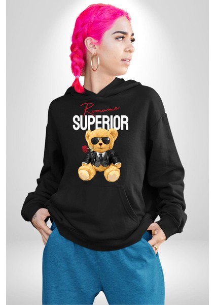 Romantik Oyuncak Ayı Kadın Erkek Baskılı Üç Iplik Siyah Kapüşonlu Hodie Sweatshirt fiyatları