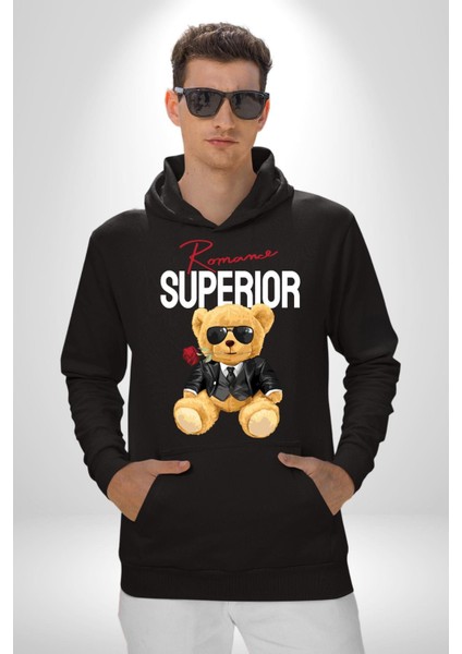 Romantik Oyuncak Ayı Kadın Erkek Baskılı Üç Iplik Siyah Kapüşonlu Hodie Sweatshirt modelleri