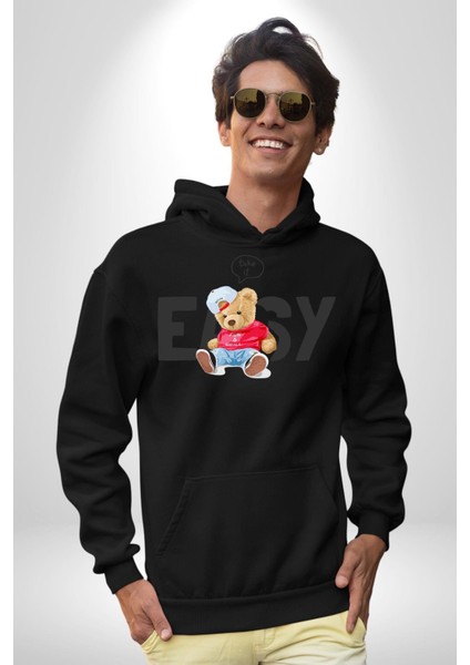 Boşver Oyuncak Ayı Kadın Erkek Baskılı Üç Iplik Siyah Kapüşonlu Hodie Sweatshirt modelleri