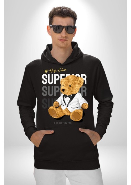 Yüksek Sınıf Oyuncak Ayı Kadın Erkek Baskılı Üç Iplik Siyah Kapüşonlu Hodie Sweatshirt