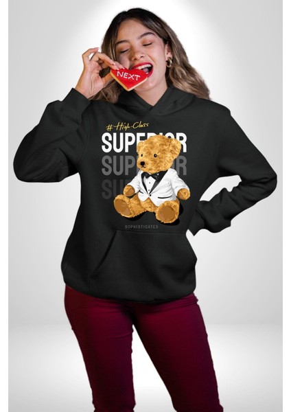 Yüksek Sınıf Oyuncak Ayı Kadın Erkek Baskılı Üç Iplik Siyah Kapüşonlu Hodie Sweatshirt modelleri
