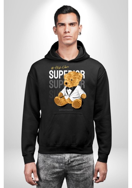 Yüksek Sınıf Oyuncak Ayı Kadın Erkek Baskılı Üç Iplik Siyah Kapüşonlu Hodie Sweatshirt indirimleri