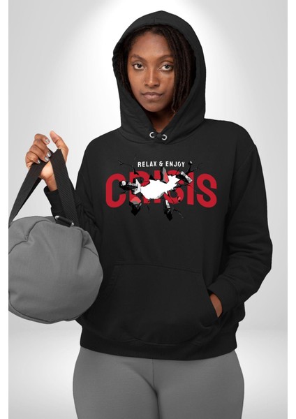 Rahatla ve Katıl Kriz Kadın Erkek Baskılı Üç Iplik Siyah Kapüşonlu Hodie Sweatshirt