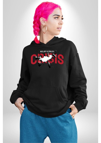 Rahatla ve Katıl Kriz Kadın Erkek Baskılı Üç Iplik Siyah Kapüşonlu Hodie Sweatshirt
