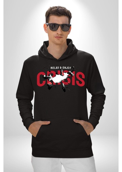 Rahatla ve Katıl Kriz Kadın Erkek Baskılı Üç Iplik Siyah Kapüşonlu Hodie Sweatshirt