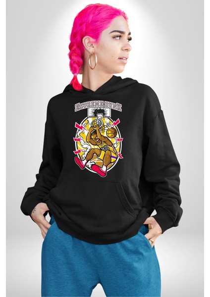 Extreme Smaç Basketbol Havalı Oyuncu Kadın Erkek Baskılı Üç Iplik Siyah Kapüşonlu Hodie Sweatshirt
