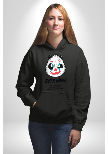 Panda Tatlı Ayıcık Dövmeli Kadın Erkek Baskılı Üç Iplik Siyah Kapüşonlu Hodie Sweatshirt