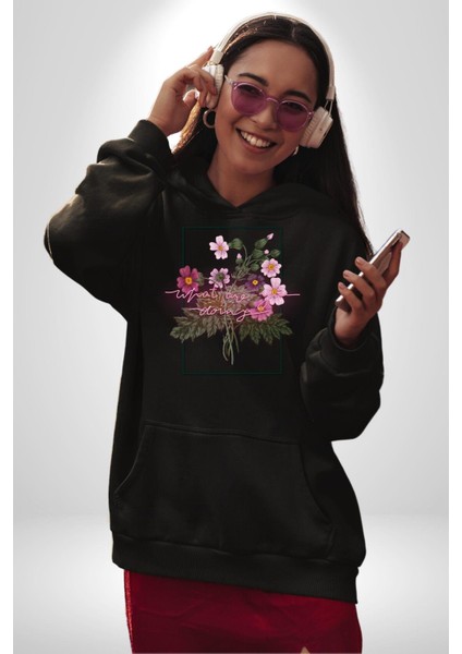 Ne Yapıyorsun Neon Çiçekler Kadın Erkek Baskılı Üç Iplik Siyah Kapüşonlu Hodie Sweatshirt