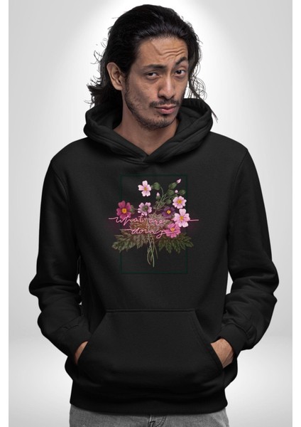 Ne Yapıyorsun Neon Çiçekler Kadın Erkek Baskılı Üç Iplik Siyah Kapüşonlu Hodie Sweatshirt
