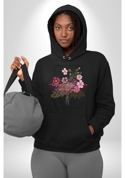 Ne Yapıyorsun Neon Çiçekler Kadın Erkek Baskılı Üç Iplik Siyah Kapüşonlu Hodie Sweatshirt