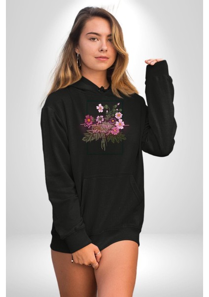Ne Yapıyorsun Neon Çiçekler Kadın Erkek Baskılı Üç Iplik Siyah Kapüşonlu Hodie Sweatshirt
