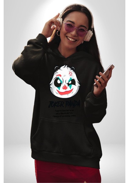 Panda Tatlı Ayıcık Dövmeli Kadın Erkek Baskılı Üç Iplik Siyah Kapüşonlu Hodie Sweatshirt fiyatları