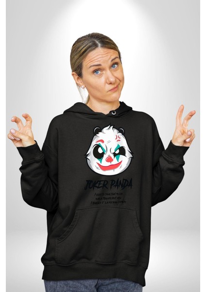 Panda Tatlı Ayıcık Dövmeli Kadın Erkek Baskılı Üç Iplik Siyah Kapüşonlu Hodie Sweatshirt modelleri