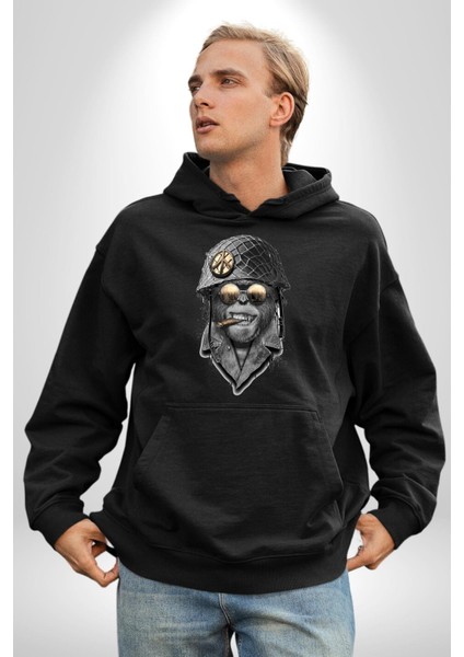 Barış Askeri Gözlüklü Goril Kadın Erkek Baskılı Üç Iplik Siyah Kapüşonlu Hodie Sweatshirt