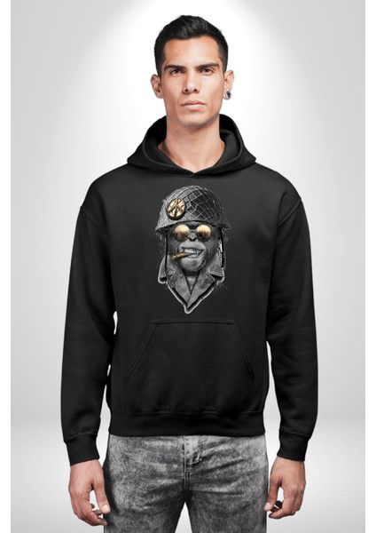 Barış Askeri Gözlüklü Goril Kadın Erkek Baskılı Üç Iplik Siyah Kapüşonlu Hodie Sweatshirt