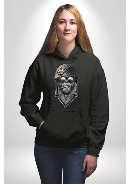 Barış Askeri Gözlüklü Goril Kadın Erkek Baskılı Üç Iplik Siyah Kapüşonlu Hodie Sweatshirt