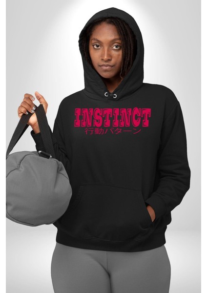 Içgüdü Japon Sade Yazı Kadın Erkek Baskılı Üç Iplik Siyah Kapüşonlu Hodie Sweatshirt
