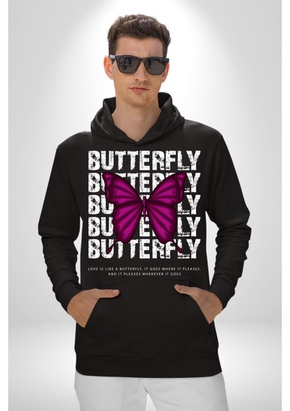Aşk Kelebek Gibidir Sokak Tarzı Kadın Erkek Baskılı Üç Iplik Siyah Kapüşonlu Hodie Sweatshirt