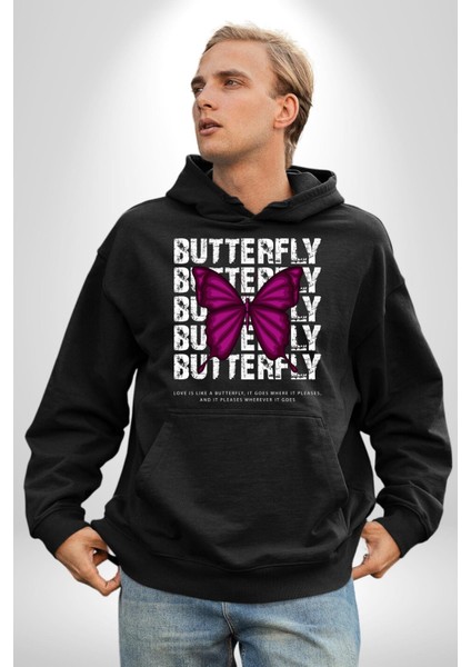 Aşk Kelebek Gibidir Sokak Tarzı Kadın Erkek Baskılı Üç Iplik Siyah Kapüşonlu Hodie Sweatshirt fırsatları