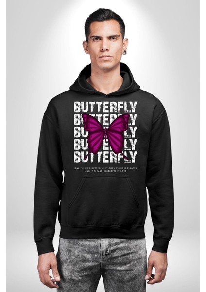 Aşk Kelebek Gibidir Sokak Tarzı Kadın Erkek Baskılı Üç Iplik Siyah Kapüşonlu Hodie Sweatshirt indirimleri