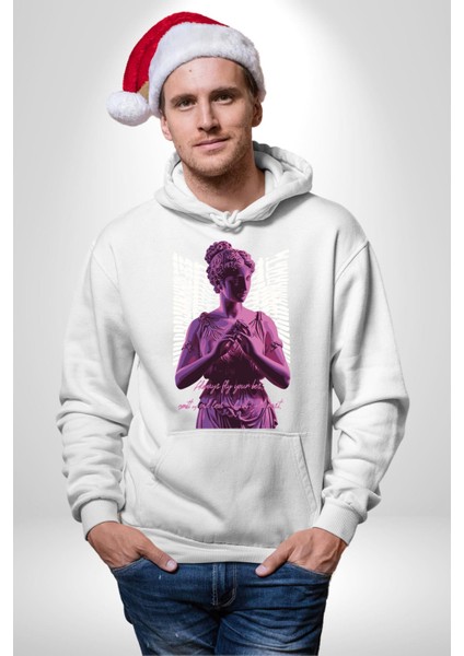Veni Vidi Vici Yunan Tanrısı Kadın Erkek Baskılı Üç Iplik Beyaz Kapüşonlu Hodie Sweatshirt fiyatları