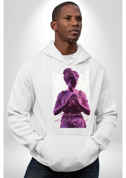 Veni Vidi Vici Yunan Tanrısı Kadın Erkek Baskılı Üç Iplik Beyaz Kapüşonlu Hodie Sweatshirt fırsatları