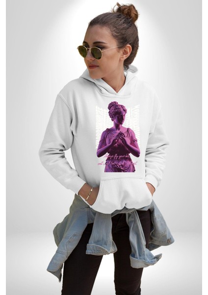 Veni Vidi Vici Yunan Tanrısı Kadın Erkek Baskılı Üç Iplik Beyaz Kapüşonlu Hodie Sweatshirt indirimleri