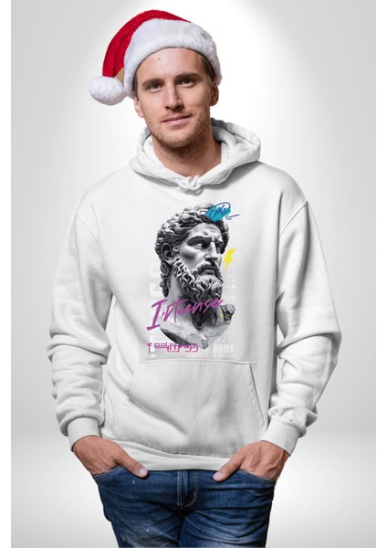 Kralın Zümrütü Yunan Kralı Kadın Erkek Baskılı Üç Iplik Beyaz Kapüşonlu Hodie Sweatshirt