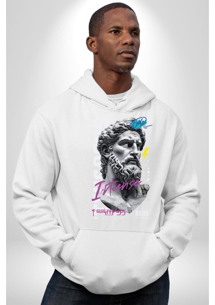 Kralın Zümrütü Yunan Kralı Kadın Erkek Baskılı Üç Iplik Beyaz Kapüşonlu Hodie Sweatshirt modelleri