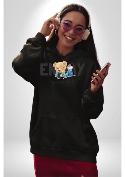 Tadını Çıkar Oyuncak Ayı Kadın Erkek Baskılı Üç Iplik Siyah Kapüşonlu Hodie Sweatshirt fırsatları