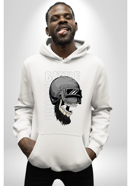 Savaş Okulu Kasklı Kuru Kafatası Kadın Erkek Baskılı Üç Iplik Beyaz Kapüşonlu Hodie Sweatshirt