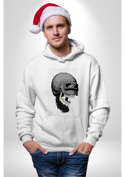 Savaş Okulu Kasklı Kuru Kafatası Kadın Erkek Baskılı Üç Iplik Beyaz Kapüşonlu Hodie Sweatshirt modelleri