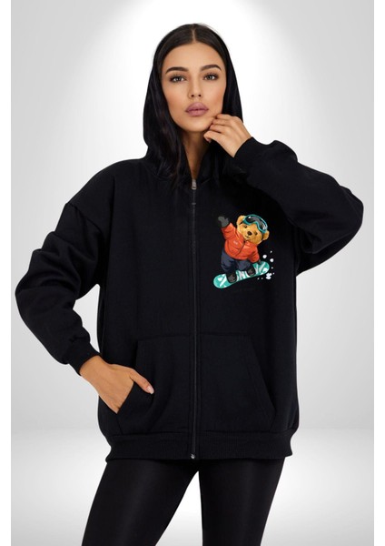 Kaykay Yapan Oyuncak Ayı Kadın Erkek Baskılı Fermuarlı Kapüşonlu Hırka Sweatshirt