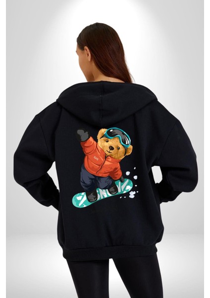 Kaykay Yapan Oyuncak Ayı Kadın Erkek Baskılı Fermuarlı Kapüşonlu Hırka Sweatshirt modelleri