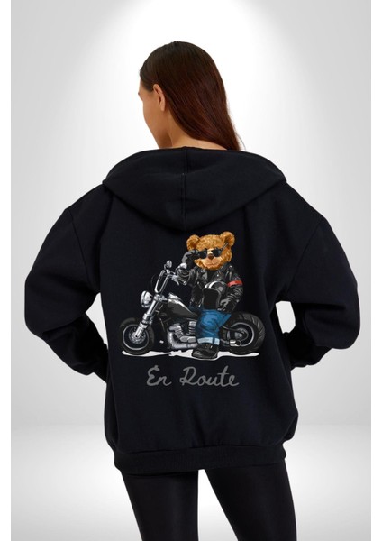 Havalı Motor Süren Oyuncak Ayı Kadın Erkek Baskılı Fermuarlı Kapüşonlu Hırka Sweatshirt modelleri