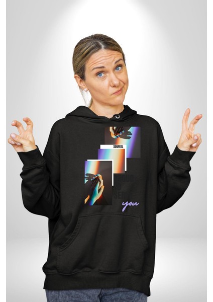 El Ele Aşk ve Dostluk Gökkuşağı Sevgi Kadın Erkek Baskılı Üç Iplik Siyah Kapüşonlu Hodie Sweatshirt