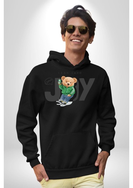 Neşeye Yaslanmak Oyuncak Ayı Kadın Erkek Baskılı Üç Iplik Siyah Kapüşonlu Hodie Sweatshirt