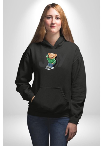 Neşeye Yaslanmak Oyuncak Ayı Kadın Erkek Baskılı Üç Iplik Siyah Kapüşonlu Hodie Sweatshirt indirimleri