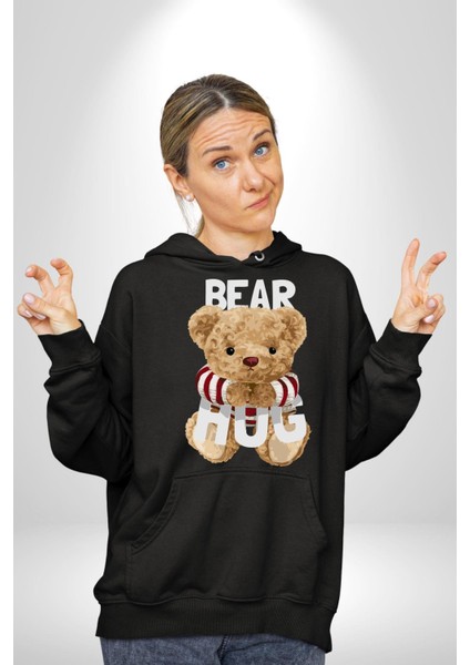 Tatlış Oyuncak Ayı Sarılması Kadın Erkek Baskılı Üç Iplik Siyah Kapüşonlu Hodie Sweatshirt
