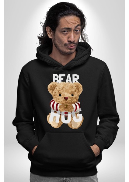 Tatlış Oyuncak Ayı Sarılması Kadın Erkek Baskılı Üç Iplik Siyah Kapüşonlu Hodie Sweatshirt fiyatları